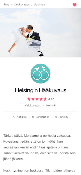 Kuvankaappaus hääpalvelun julkisivusta puhelimen näytöllä